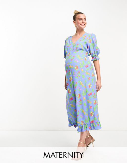 Nobody's Child Maternity – Delilah – Blå, fruktmönstrad midiklänning med puffärmar
