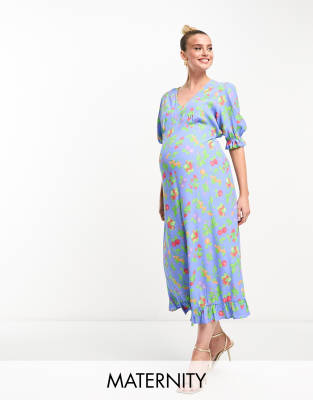 Nobody's Child Maternity - Delilah - Midikleid in Blau mit Obstprint und Puffärmeln, Umstandsmode