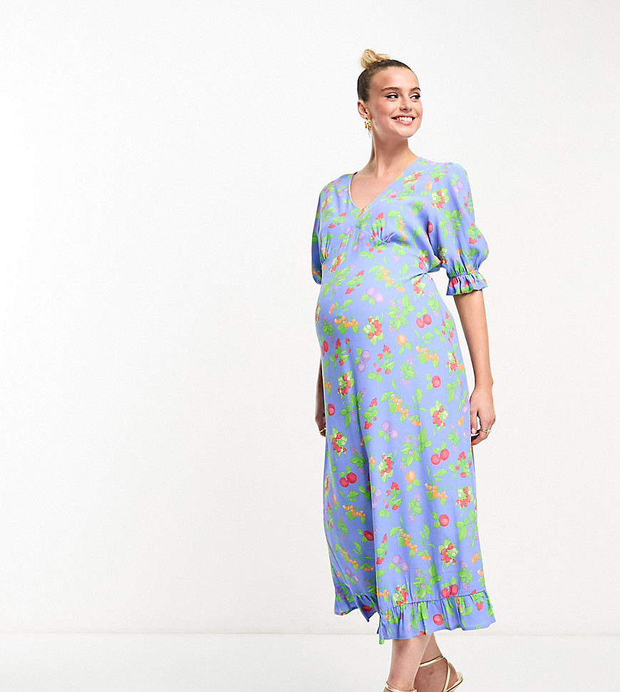 Nobody's Child Maternity Delilah puff sleeve midi dress in blue fruit print