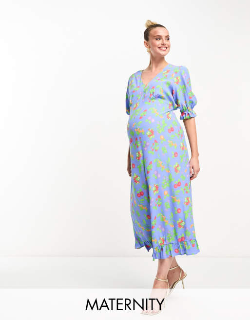 Nobody's Child Maternity Delilah puff bandana midi dress in blue fruit print