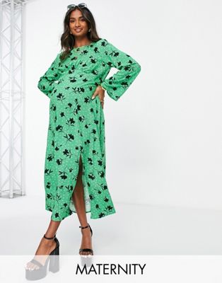 Nobody's Child Maternity fluted sleeve tea dress in green floral