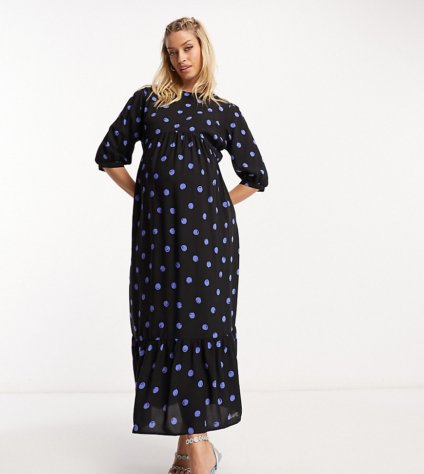 Nobody's Child Maternity Rachel Puff Sleeve Midi Dress In Blue Dot Print