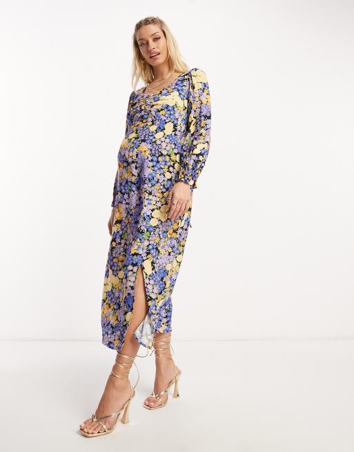Nobody's Child Maternity – Rosie – Langärmliges Midikleid in Blau mit Blumenmuster, 4 von 4