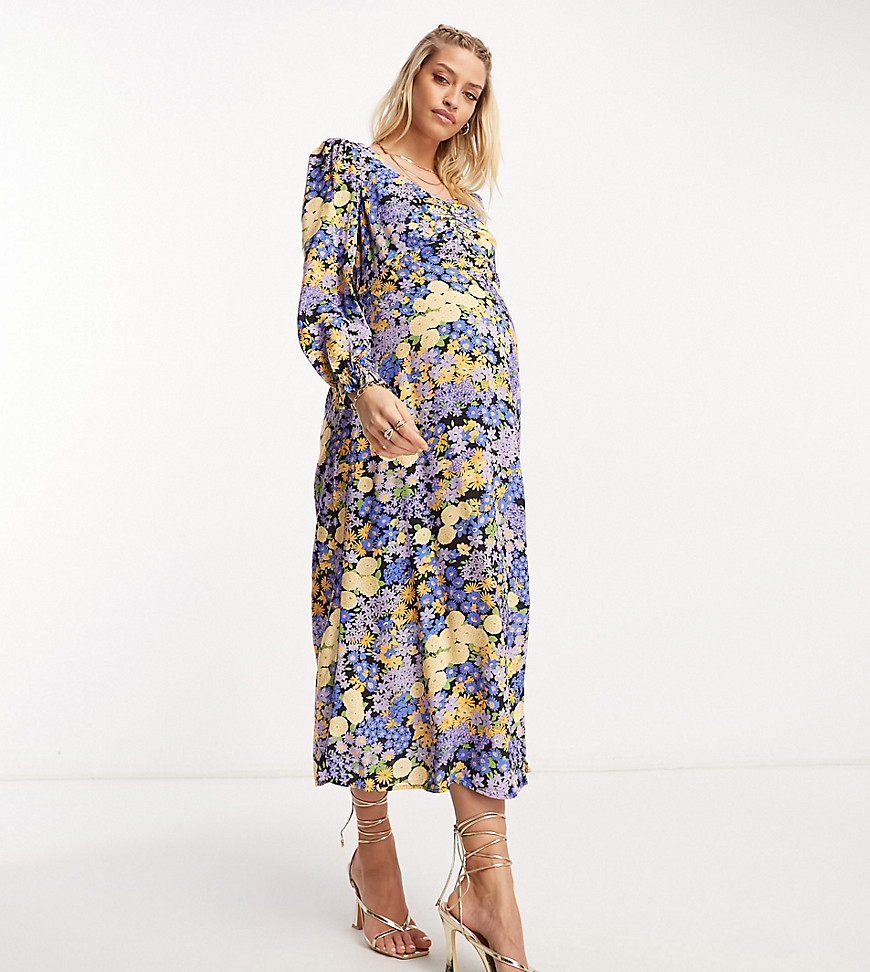 Nobody's Child Maternity Rosie long sleeve midi dress in blue floral