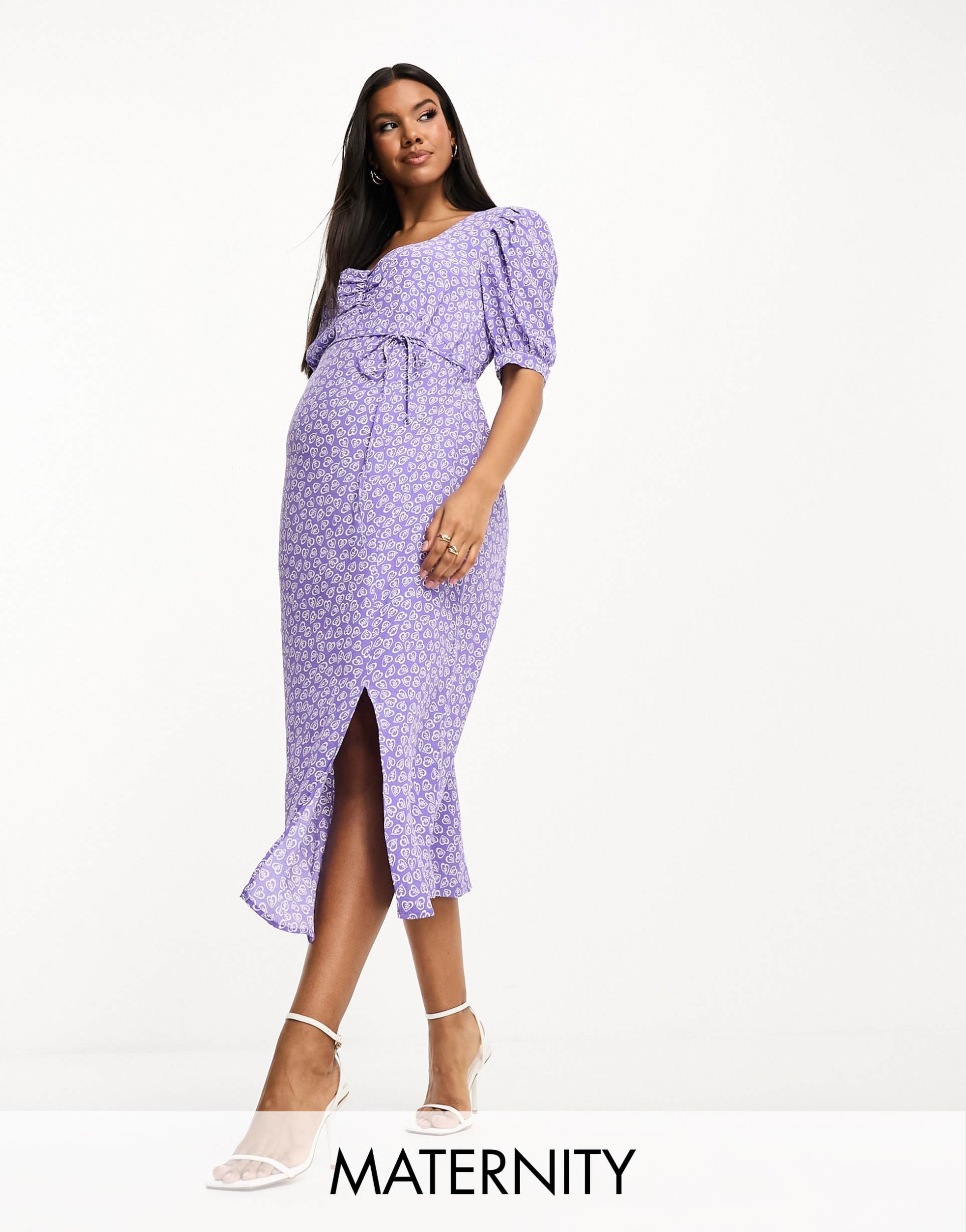 nobody's child maternity rosie puff sleeve midi dress in purple heart print