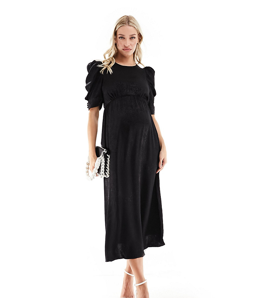 Nobody’s Child Maternity satin jacquard maxi dress with puff sleeves in black