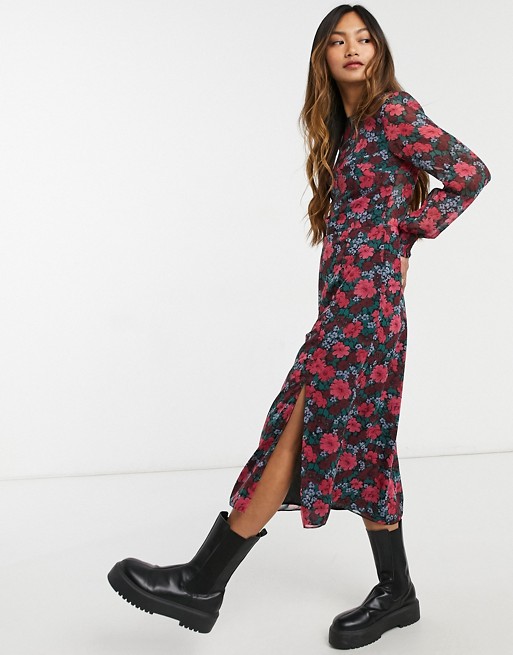 Nobody's Child midi tea dress with shirred cuffs and thigh split in retro floral