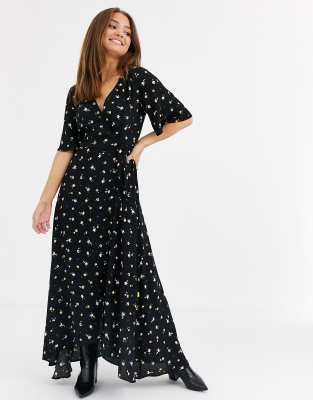 black floral maxi wrap dress