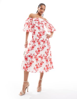 Nobody's Child Maxine bardot balloon sleeve midaxi dress in large red floral