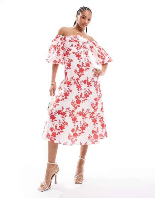 Nobody's Child - Maxine - Midaxi-bardotjurk met ballonmouwen en grote bloemenprint in rood
