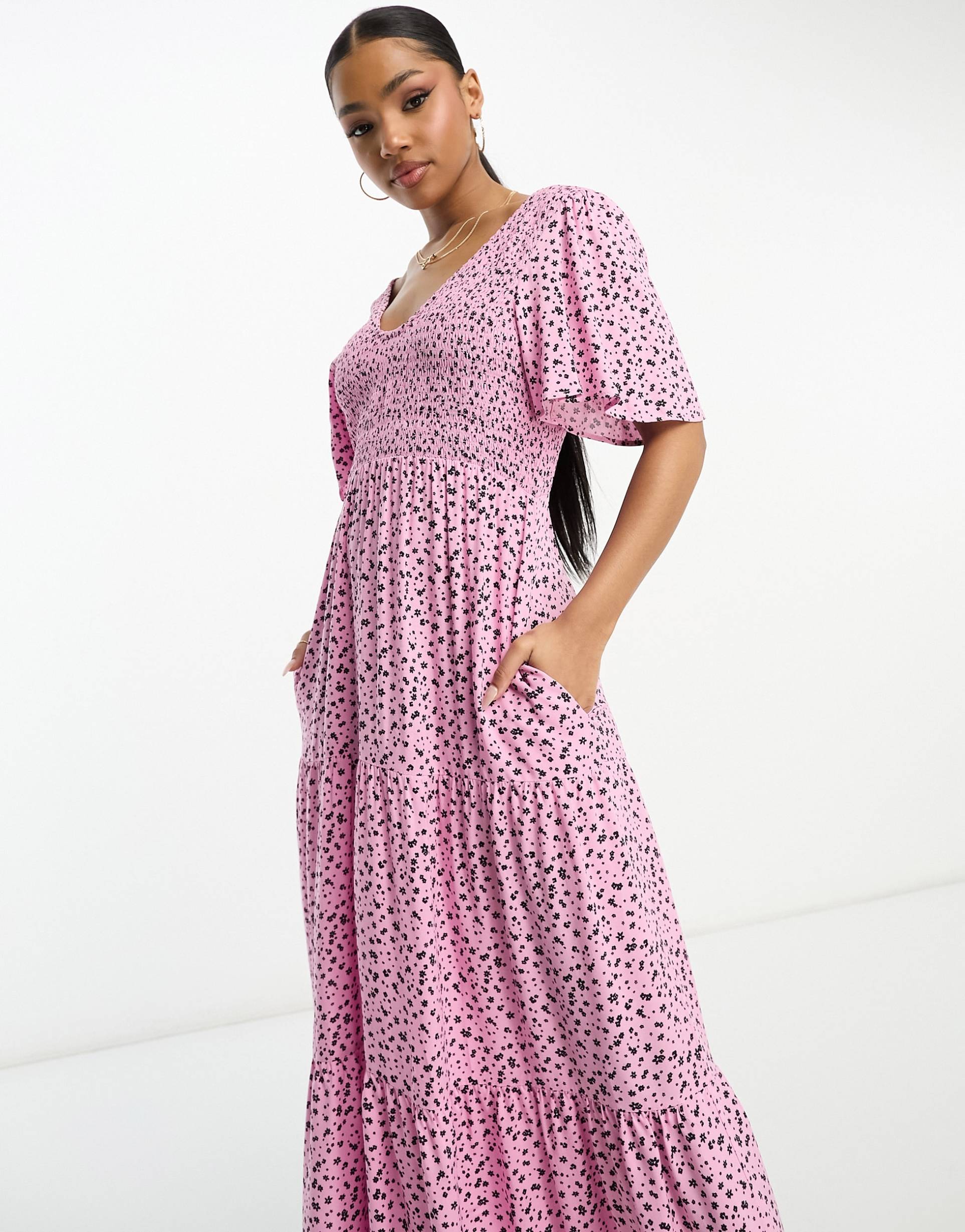 nobody's child may midi dress in pink ditsy print