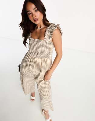 Nobody's Child Maya gingham jumpsuit in beige