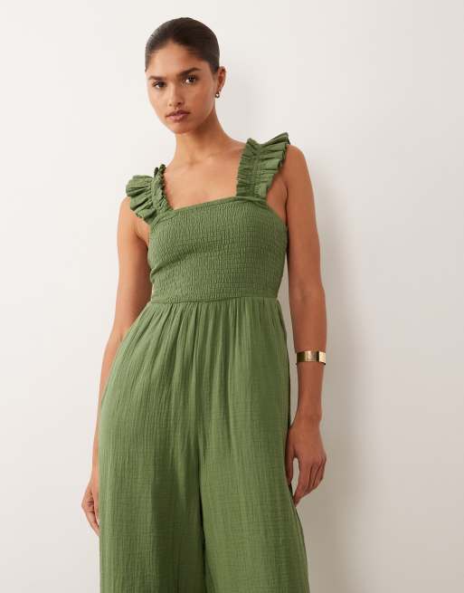 Nobody's Child Maya ruffle detail square neck jumpsuit in green, 4 of 4