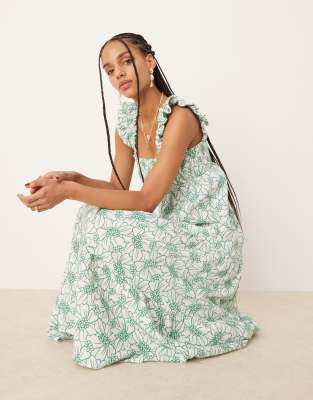 Nobody's Child Maya ruffle shoulder tiered midi dress in green embroidery |  ASOS