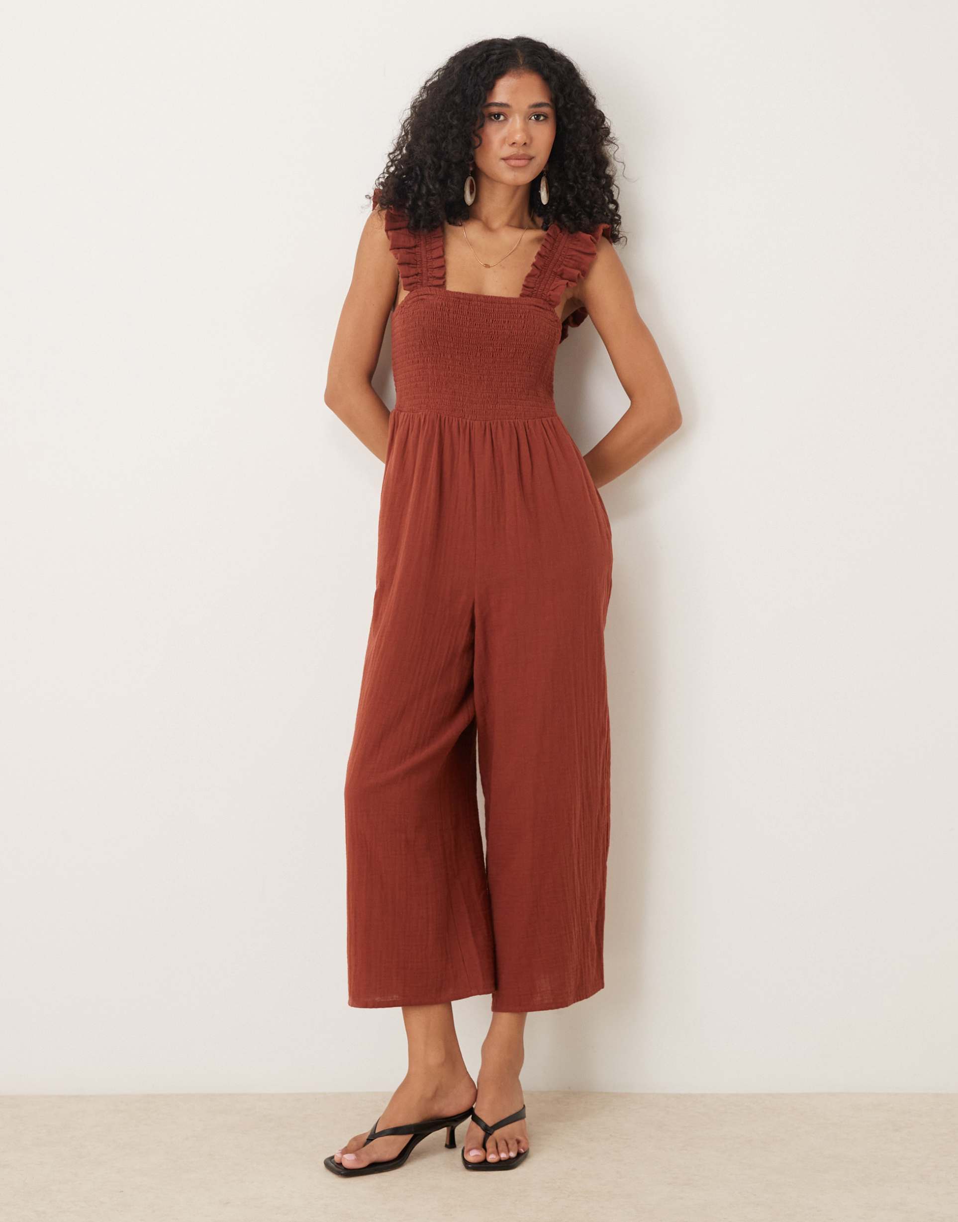 nobody's child maya ruffle sleeve jumpsuit in brown