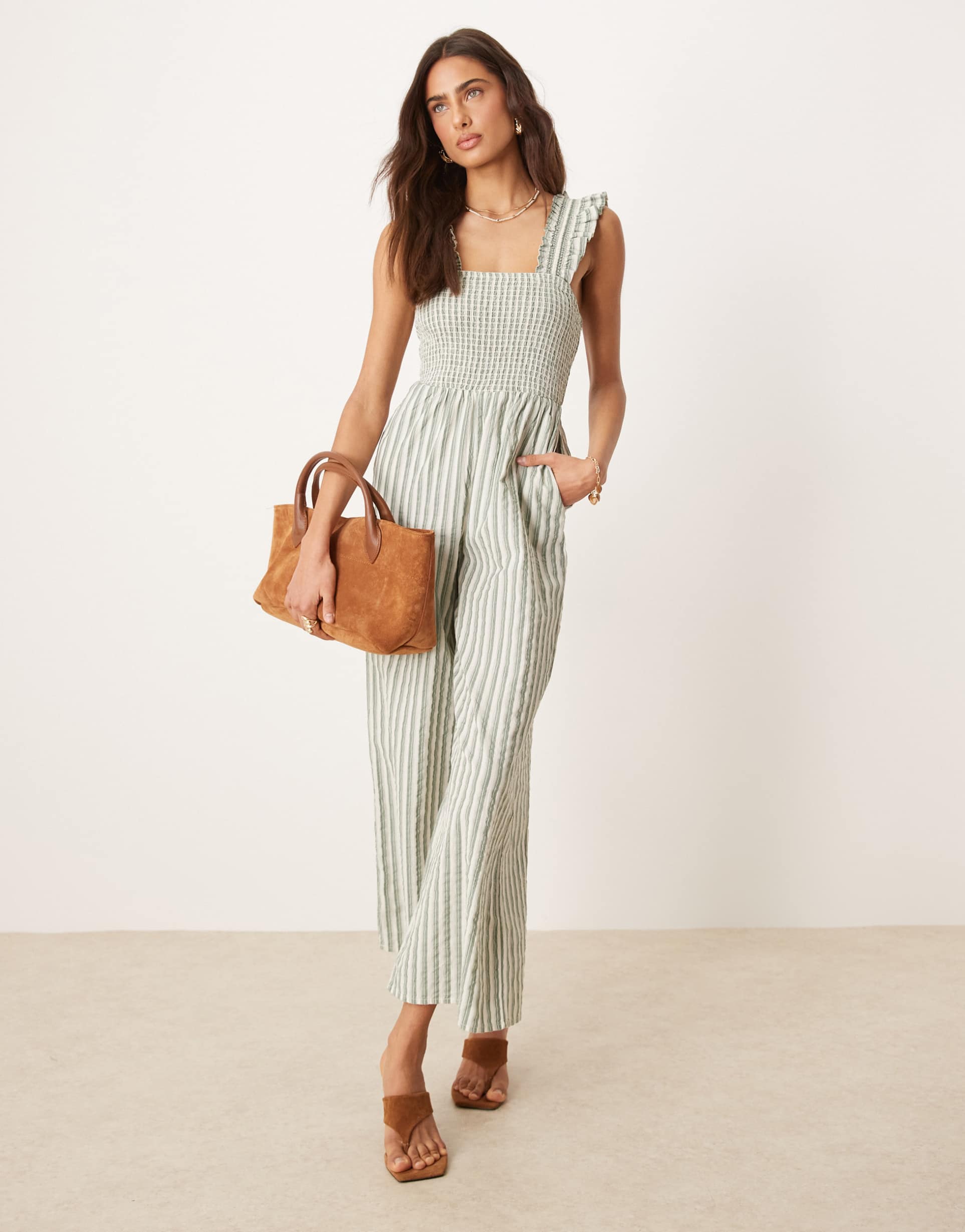 nobody's child maya ruffle sleeve wide leg jumpsuit in green stripe