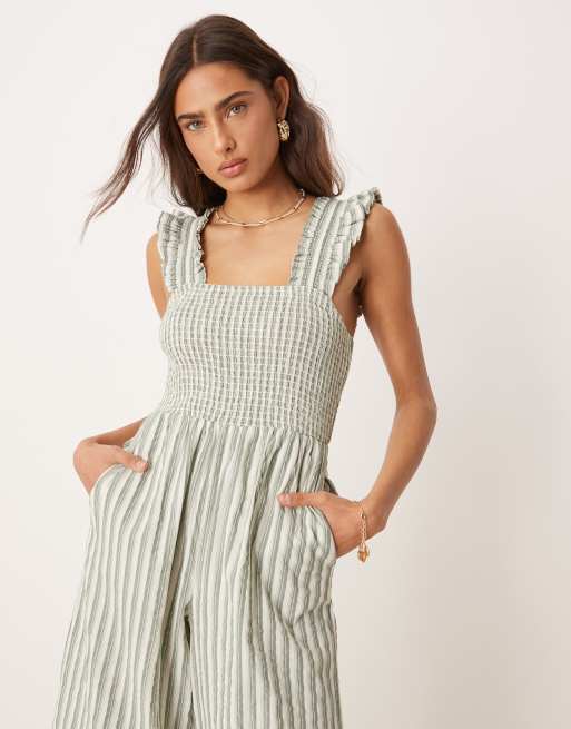 Nobody's Child Maya ruffle sleeve wide leg jumpsuit in green stripe, 2 of 4