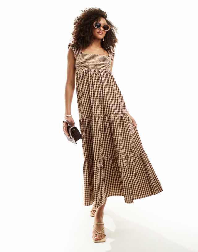 Nobody's Child Maya shirred midaxi dress in brown gingham | ASOS