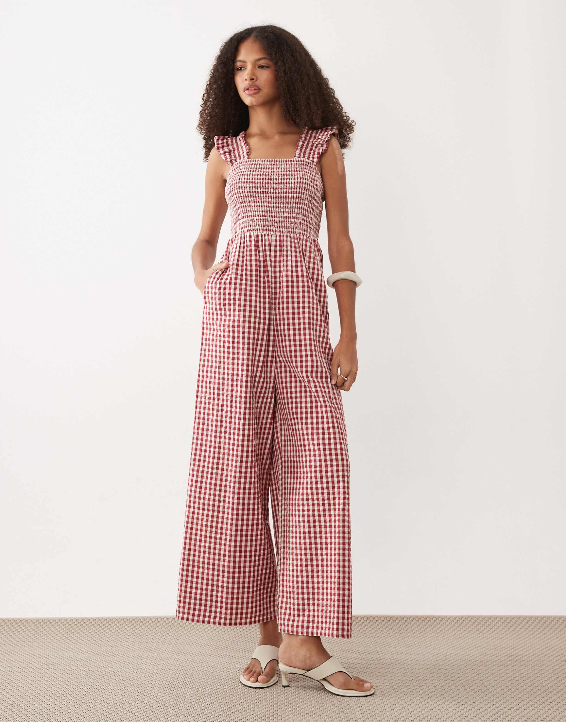 nobody's child maya square neck jumpsuit in red gingham
