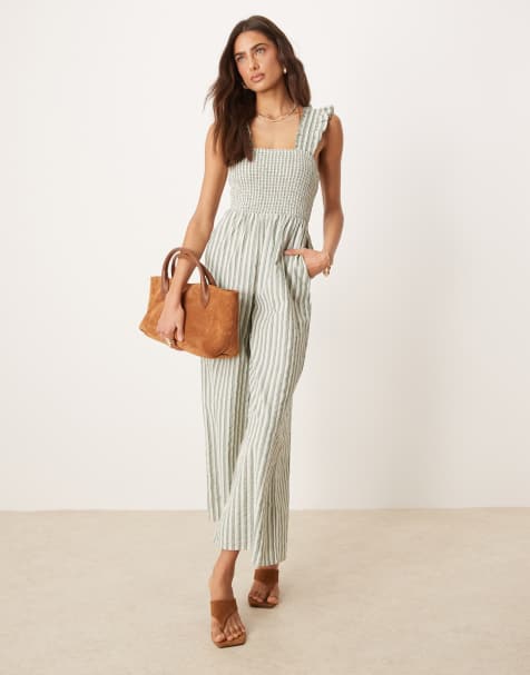 Nobody's Child - Maya - Tuta jumpsuit verde a righe a fondo ampio con maniche con volant - view 1