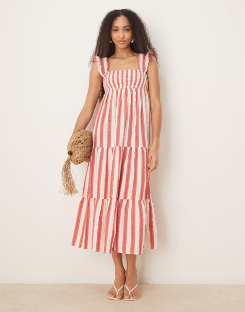 Nobody's Child - Maya - Vestito midi a balze con volant sulle spalle rosso a righe - view 1