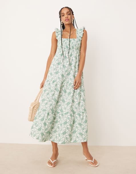 Nobody's Child Maya ruffle shoulder tiered midi dress in green embroidery