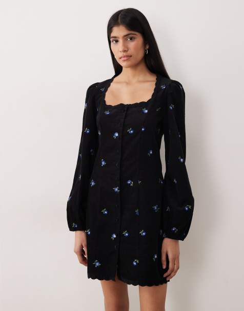 Nobody's Child Memphis cord floral embroidered button front scallop edge mini dress in black