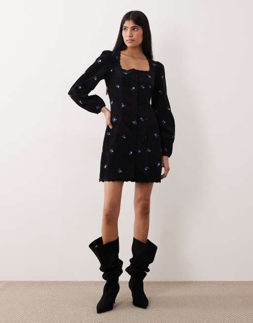 Nobody's Child Memphis cord floral embroidered button front scallop edge mini dress in black, 2 of 4