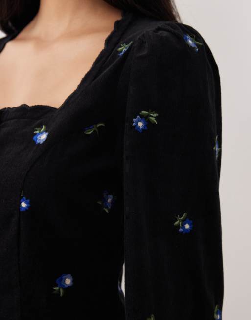 Nobody's Child Memphis cord floral embroidered button front scallop edge mini dress in black, 3 of 4