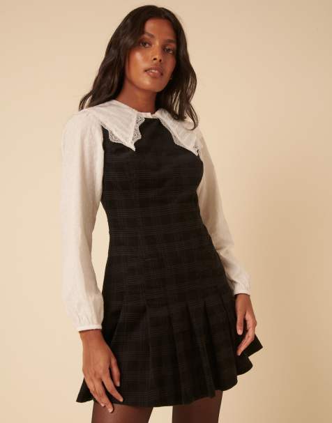 Nobody's Child Merida tailored pleated skirt pinafore mini dress in black plaid - view 1