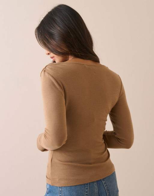 Nobody's Child Merino wool draped boat neck long sleeve top in beige, 2 of 5