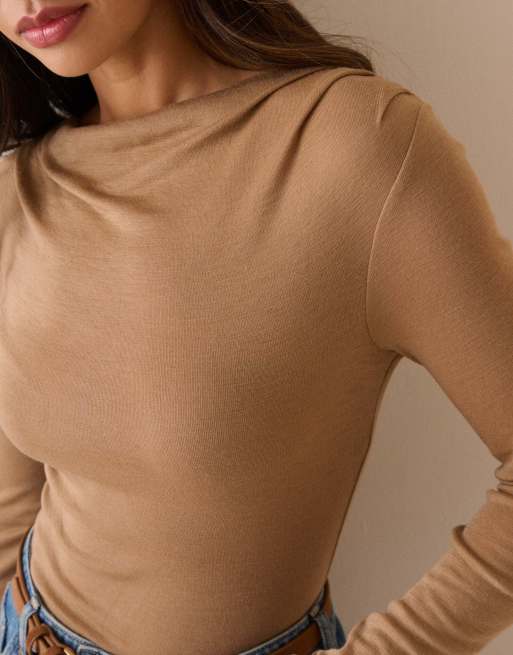 Nobody's Child Merino wool draped boat neck long sleeve top in beige, 5 of 5