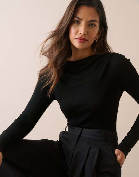 Nobody's Child Merino wool draped boat neck top in black