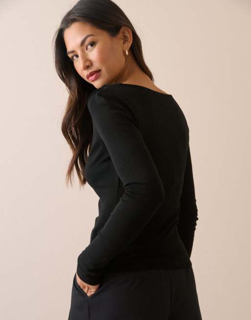 Nobody's Child Merino wool draped boat neck top in black, 2 of 5
