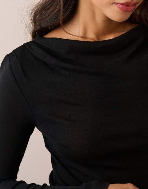 Nobody's Child Merino wool draped boat neck top in black, 3 of 5