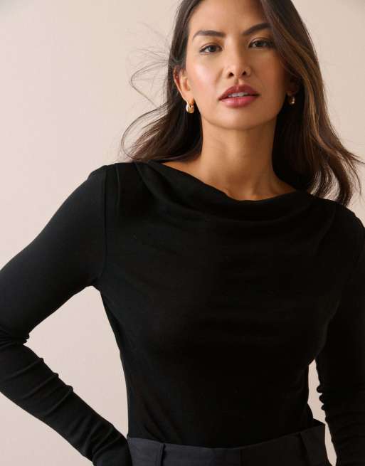 Nobody's Child Merino wool draped boat neck top in black, 5 of 5