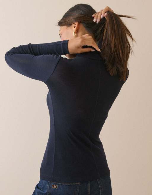 Nobody's Child Merino wool roll neck top in blue, 2 of 5
