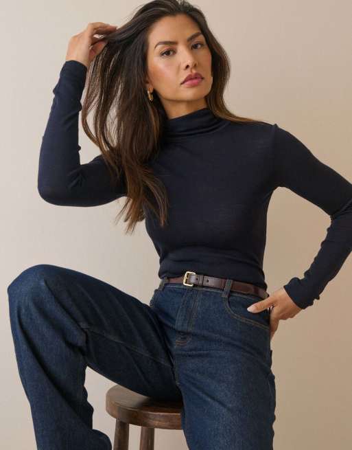 Nobody's Child Merino wool roll neck top in blue, 4 of 5