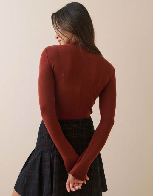 Nobody's Child Merino wool roll neck top in brown, 2 of 5