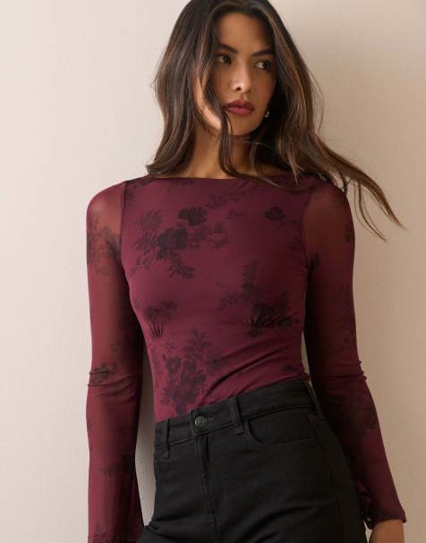 Nobody's Child mesh boat neck long sleeve top in burgundy floral - view 1