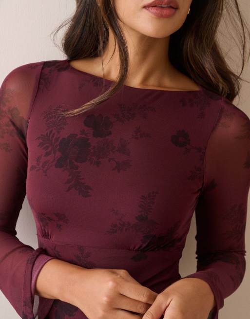 Nobody's Child mesh boat neck long sleeve top in burgundy floral, 3 of 5