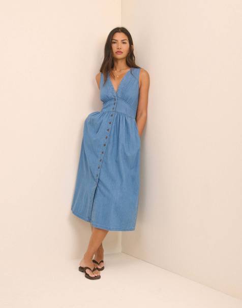 Nobody's Child Mid-wash blue denim sleeveless starlight midi dress in blue - view 1