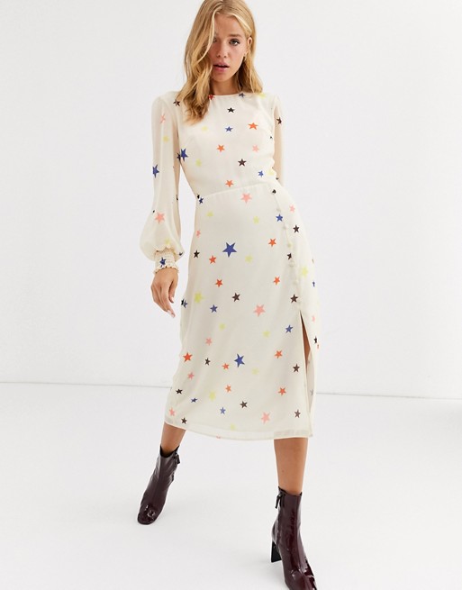 Nobody's Child midi dress with balloon sleeve in star print
