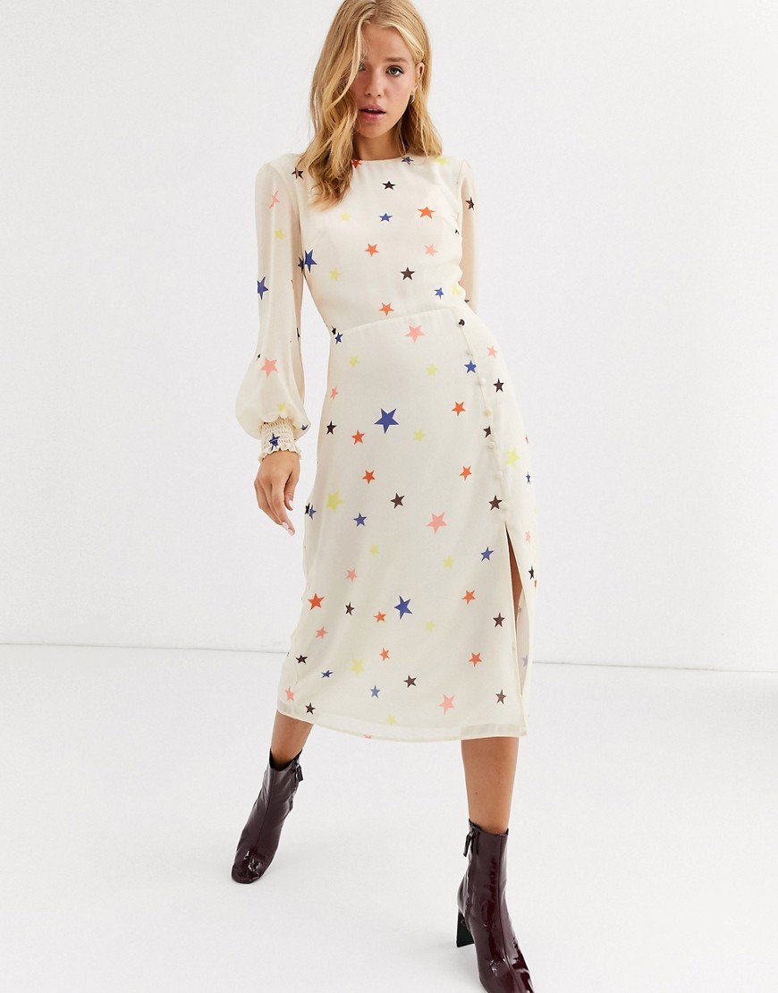 Nobody's Child - Midi-jurk met ballonmouwen en sterrenprint-Crème