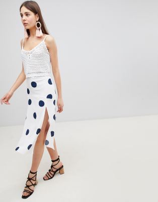 white polka dot midi skirt