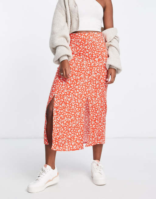 Nobody's Child - Midi-sliprok met dijhoge splitten en fijne print in rood