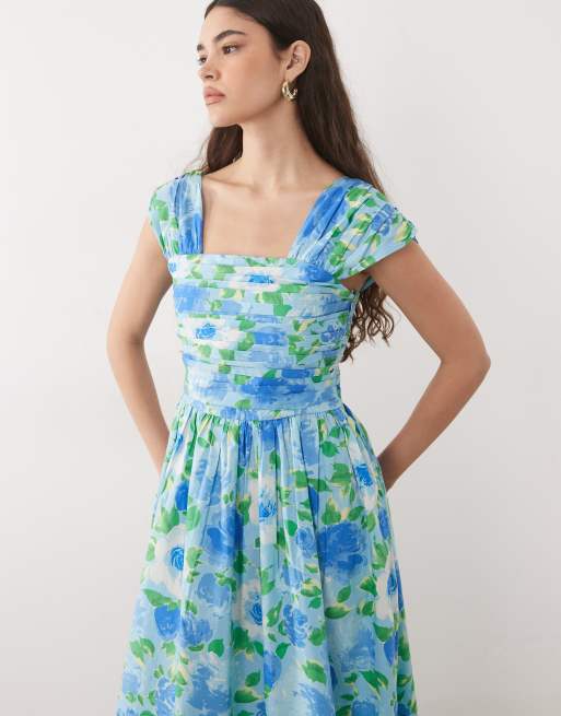 Nobody's Child – Mika – Ärmelloses Baumwoll-Maxikleid mit eckigem Ausschnitt, Raffung und blauem Blumenmuster, 3 von 4