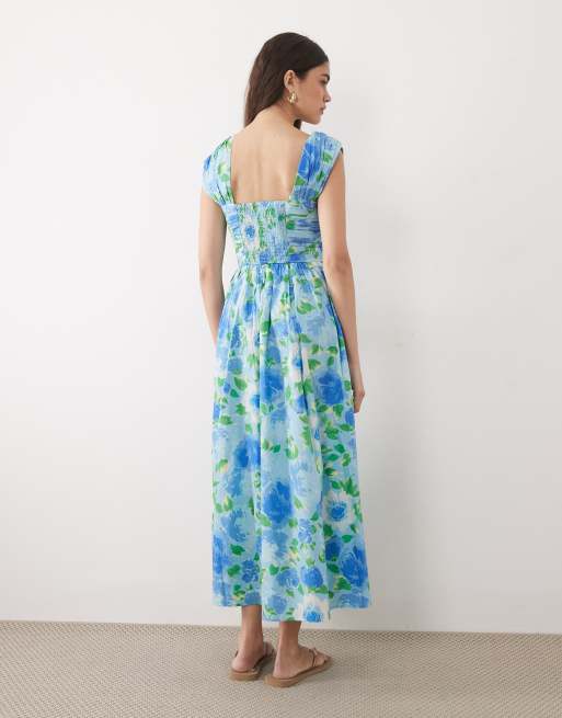 Nobody's Child – Mika – Ärmelloses Baumwoll-Maxikleid mit eckigem Ausschnitt, Raffung und blauem Blumenmuster, 4 von 4