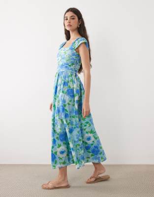 Nobody's Child Mika Cotton Ruched Sleeves Midaxi Dress In Blue