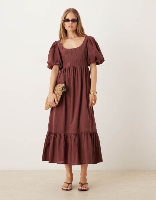 Nobody's Child Mimi puff sleeve midi dress in brown